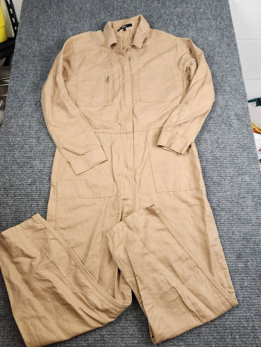 Quince Cotton Linen Twill Long Sleeve Coverall Jumpsuit Camel Sz Large Zipper